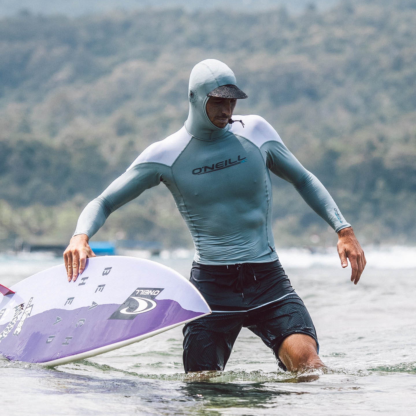O'Neill Premium Skins O'Zone L/S Rash Guard W/ Hood - Cool grey white/white