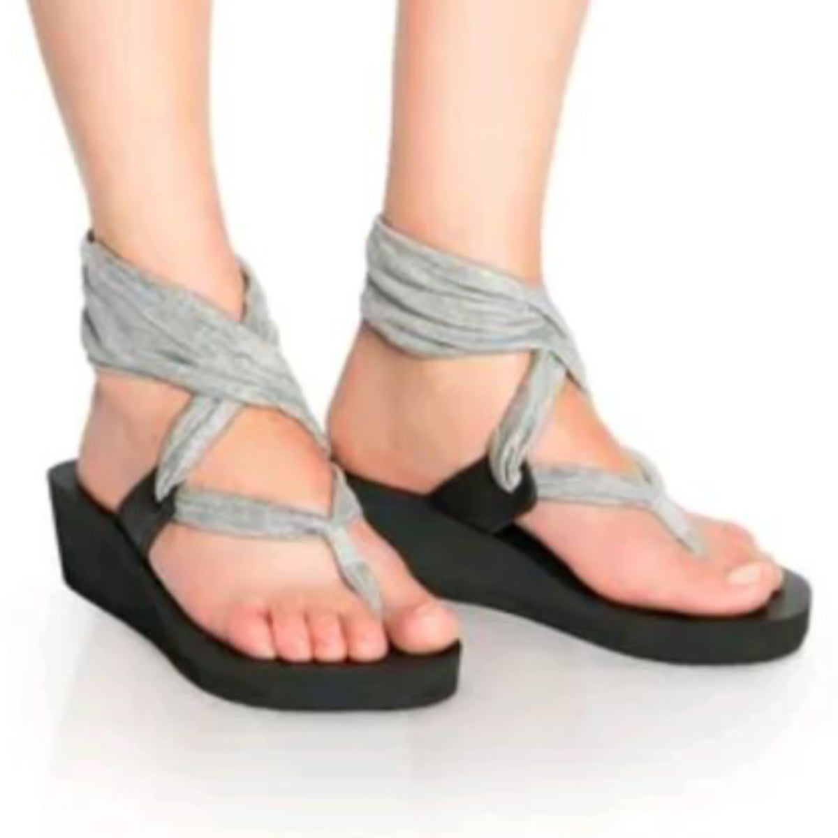 Womens Sanuks YOGA SINGLET WEDGE METALLIC silver wedge slops