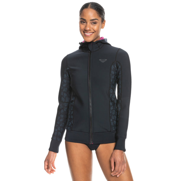 1mm Roxy Front-Zip Front Zip Paddle Jacket - Blk, Grey Shadows