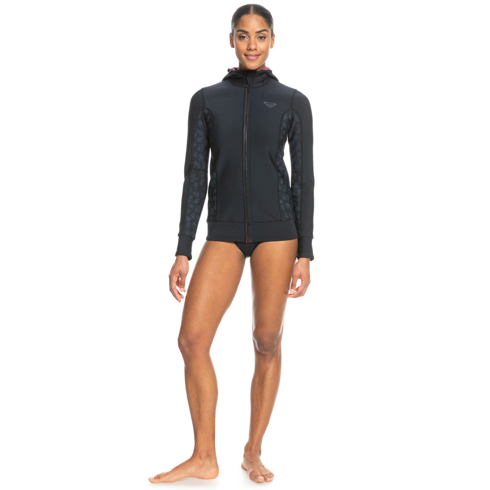 1mm Roxy Front-Zip Front Zip Paddle Jacket - Blk, Grey Shadows