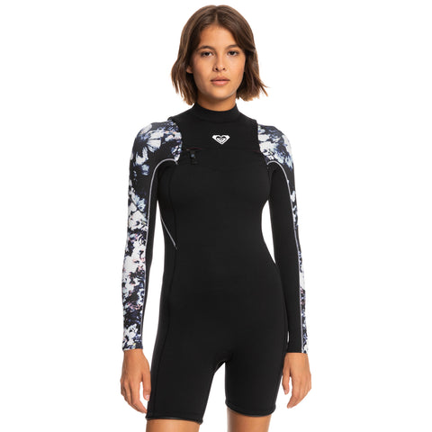 2.5mm Roxy Elite - Long Sleeve Front Zip Springsuit - True Black Black Flowers
