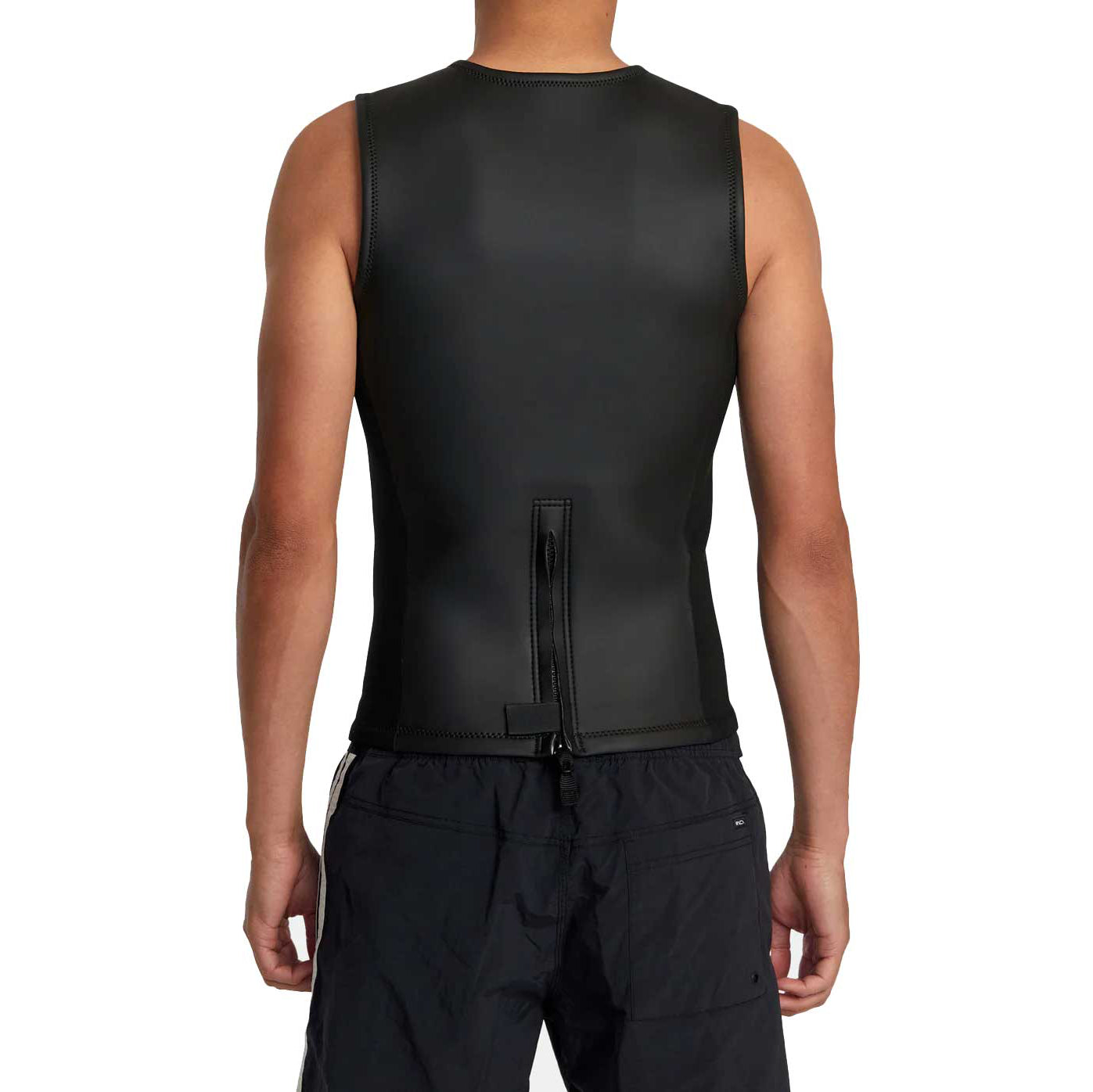 Person wearing a black sleeveless athletic top on a white background