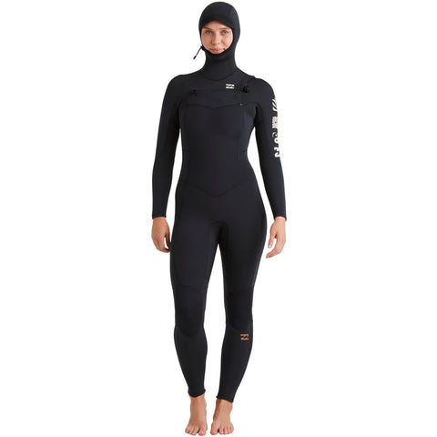 5/4mm Women’s Billabong Synergy Natural Upcycler Hooded Chest Zip Full Wetsuit - White Sleeve Logos