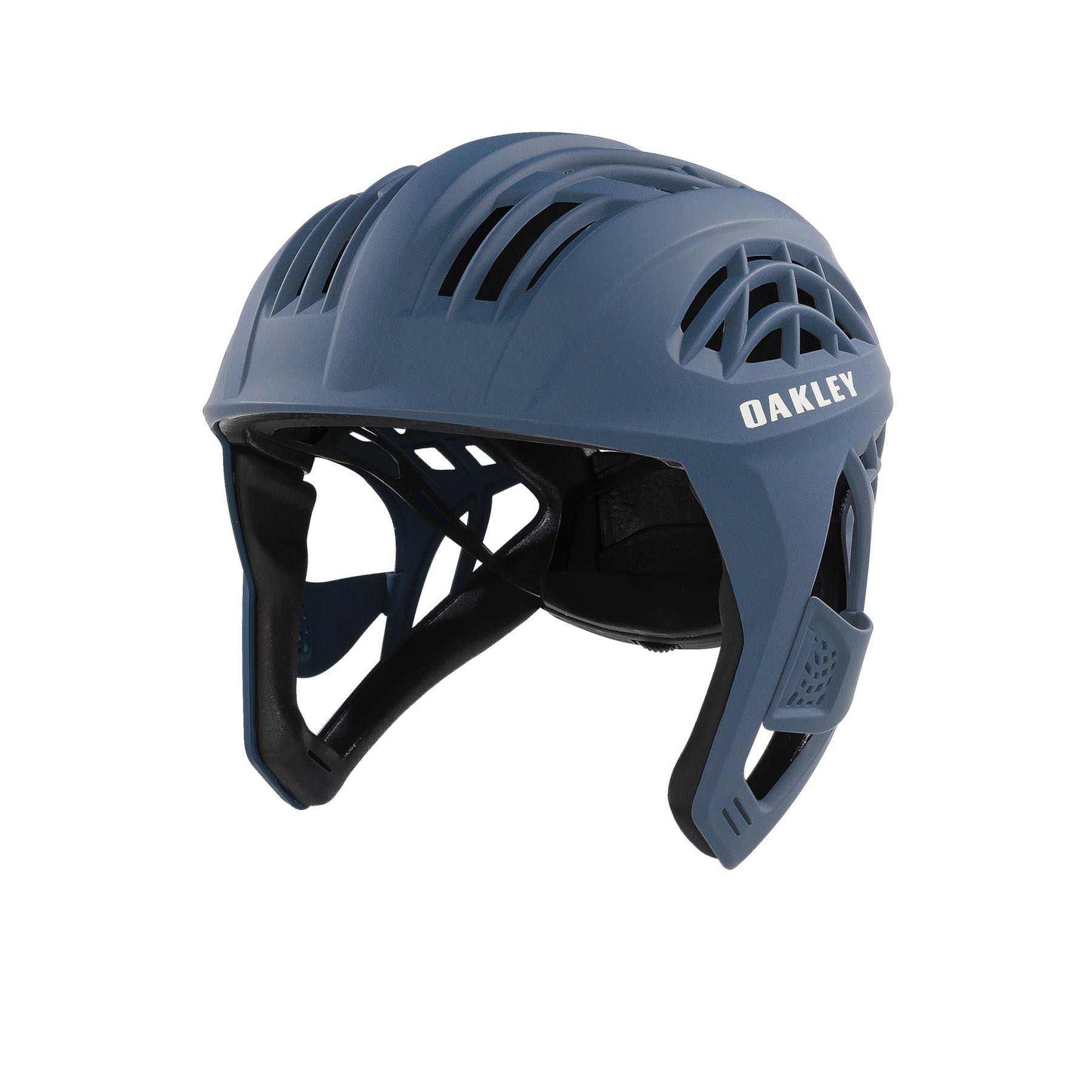Blue helmet with 'Oakley' branding on a white background