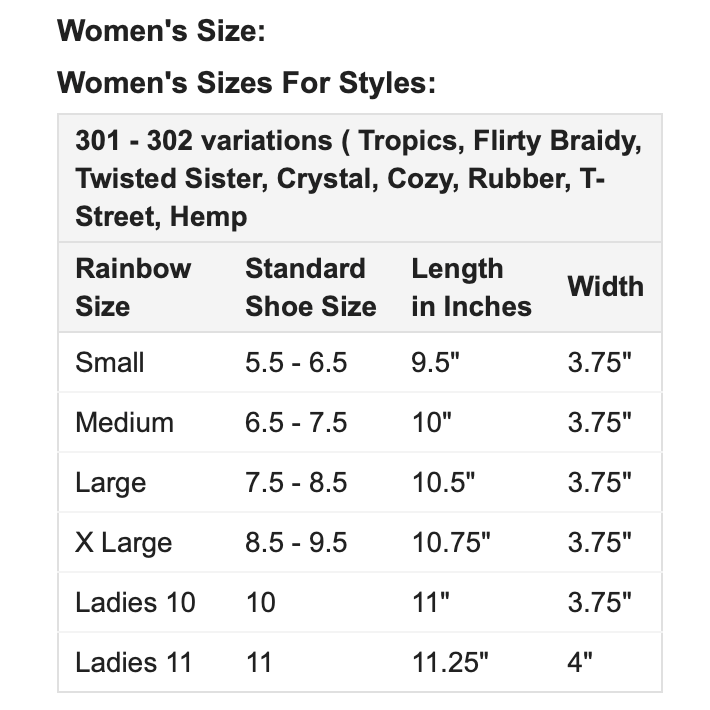 Womens rainbow best sale sandals size chart